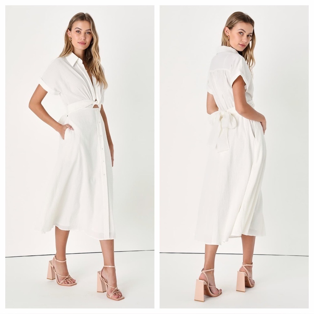 Lulus Palermo Perfection White Collared Midi Dress with Pockets